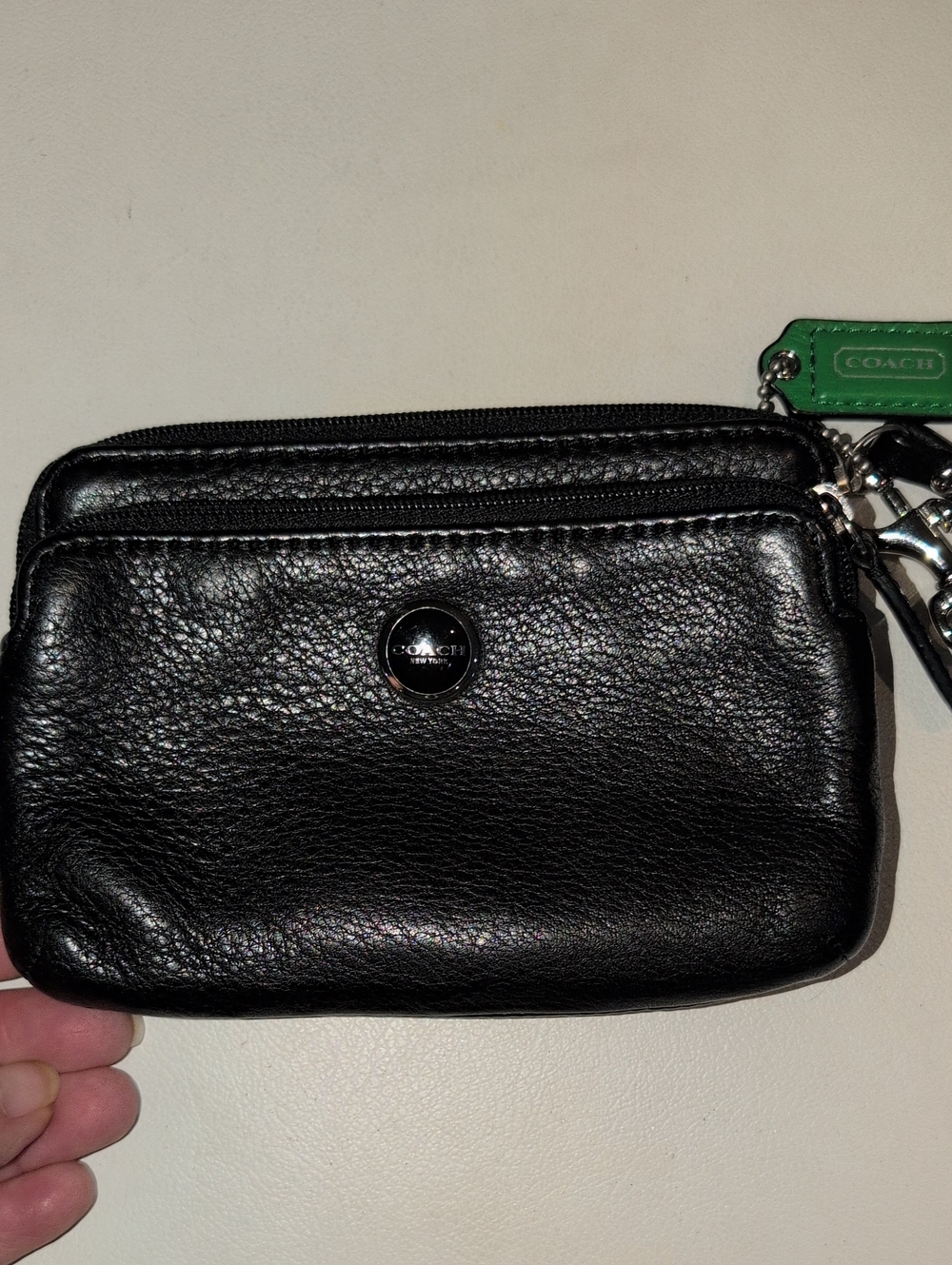 Coach Black Leather Double Zip Wristlet with Green Hang  Tag